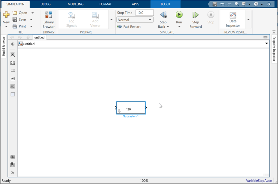Simulink model with a Subsystem block. The block icon shows the Speed parameter value 120.