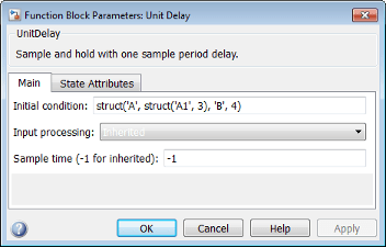 Block Parameters dialog box for Unit Delay block that specifies a structure for the initial condition