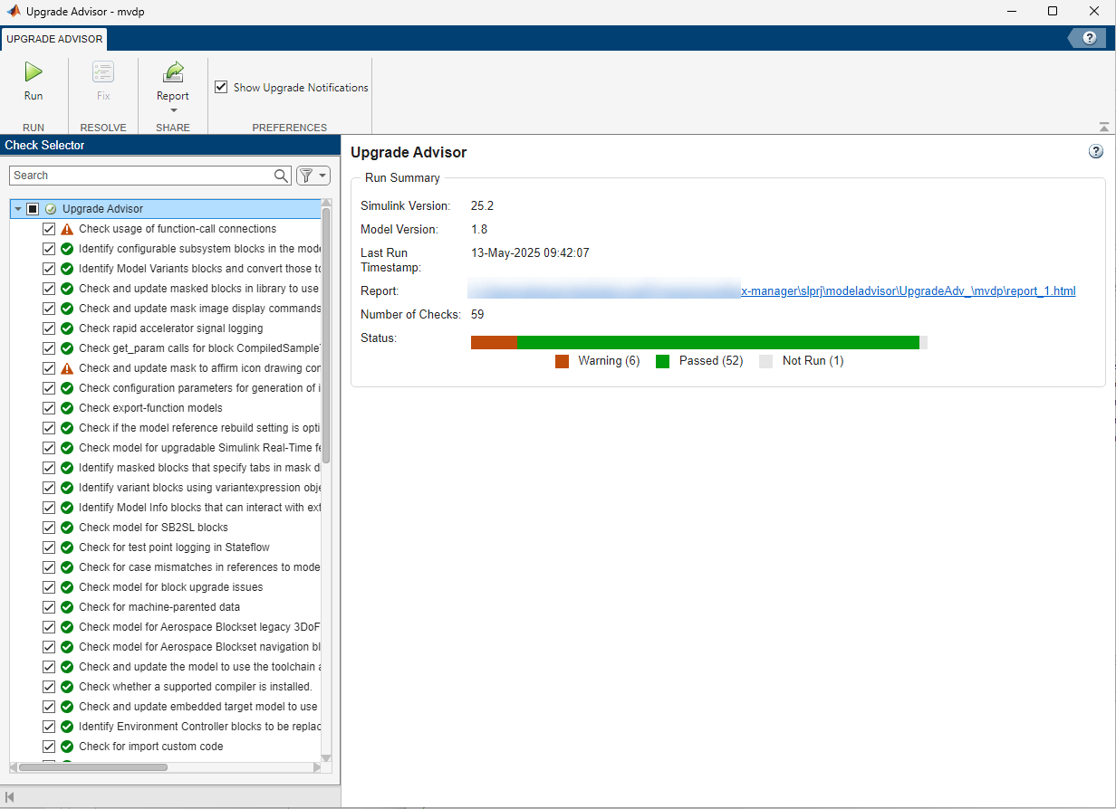 The Run Summary section in the Upgrade Advisor shows the date and time of the last run, the number of checks, and the number of checks with the status of Warning, Passed, and Not Run.
