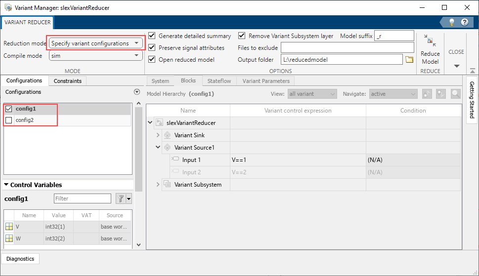 Variant Reducer dialog box with Reduction mode specified as Specify variant configurations.