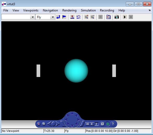 Viewer displaying virtual world with two narrow boxes on either sides and a sphere at the center of the display pane.