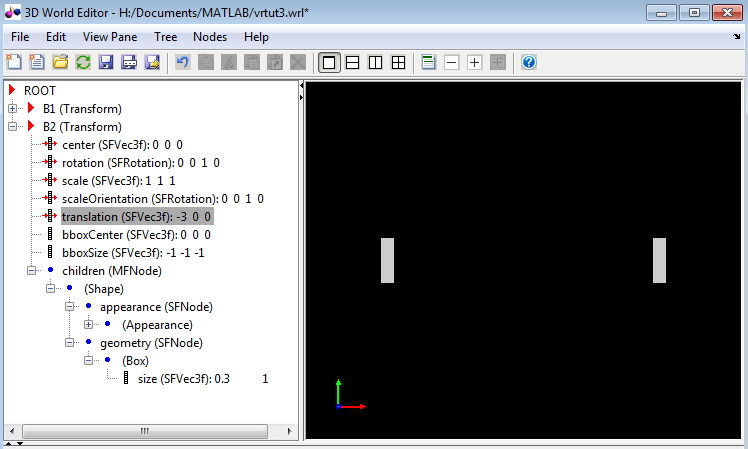 3D world editor displaying virtual world with two narrow boxes on either sides of the display pane.