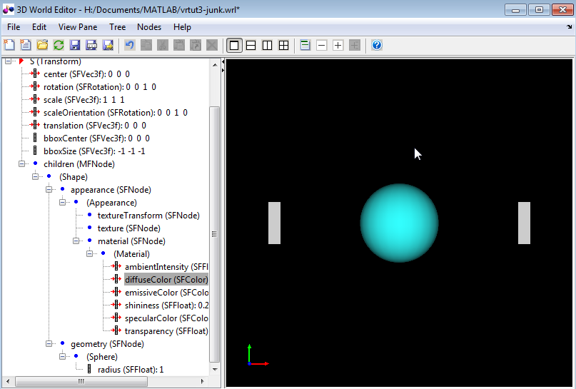 3D world editor displaying virtual world with two narrow boxes on either sides and a blue sphere at the center of the display pane.