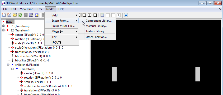 3D world editor displaying menu selections with cursor on component library.