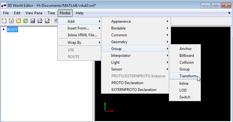 3D world editor displaying menu selections with cursor on transform.