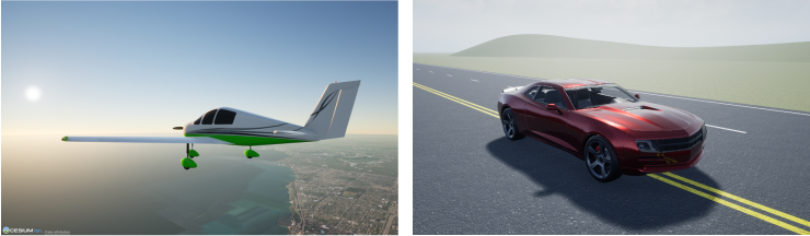 Two 3D environments with an aeroplane and a vehicle.