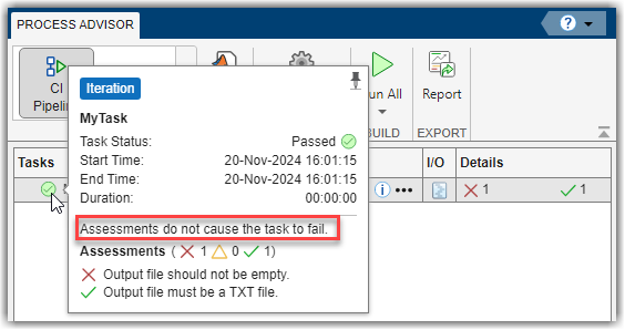 Process Advisor app showing MyTask passing