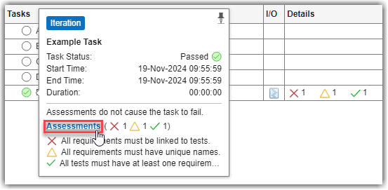 Task status showing results from the individual task assessments and a link to the Assessments dialog box
