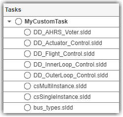 Tasks column showing data dictionaries under "MyCustomTask"