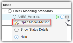 Check Modeling Standards task showing option to Open Model Advisor