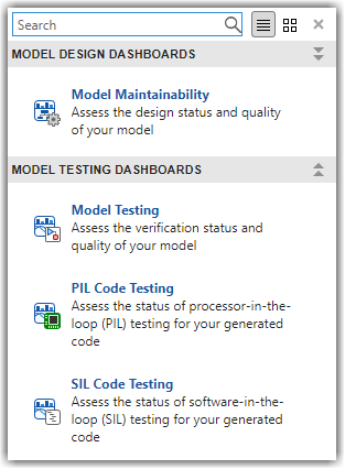 The Model Design and Model Testing Dashboards in the dashboard gallery