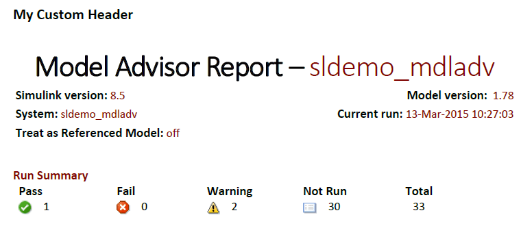 Model Advisor Report in PDF format with the custom header "My Custom Header"
