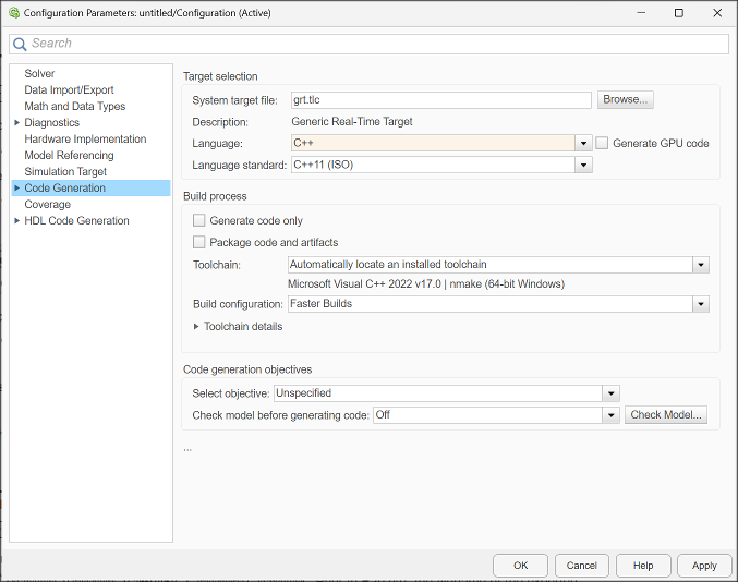 Configuration Parameter dialog with code generation language set to C++