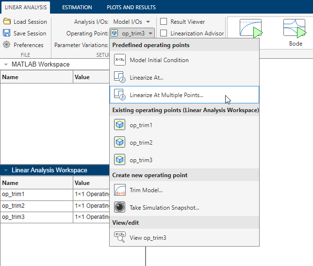 Operating Point drop-down list open with the cursor over the Linearize At Multiple Points option.