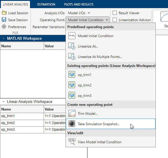 Operating Point drop-down list open with the cursor over the Take Simulation Snapshot option.