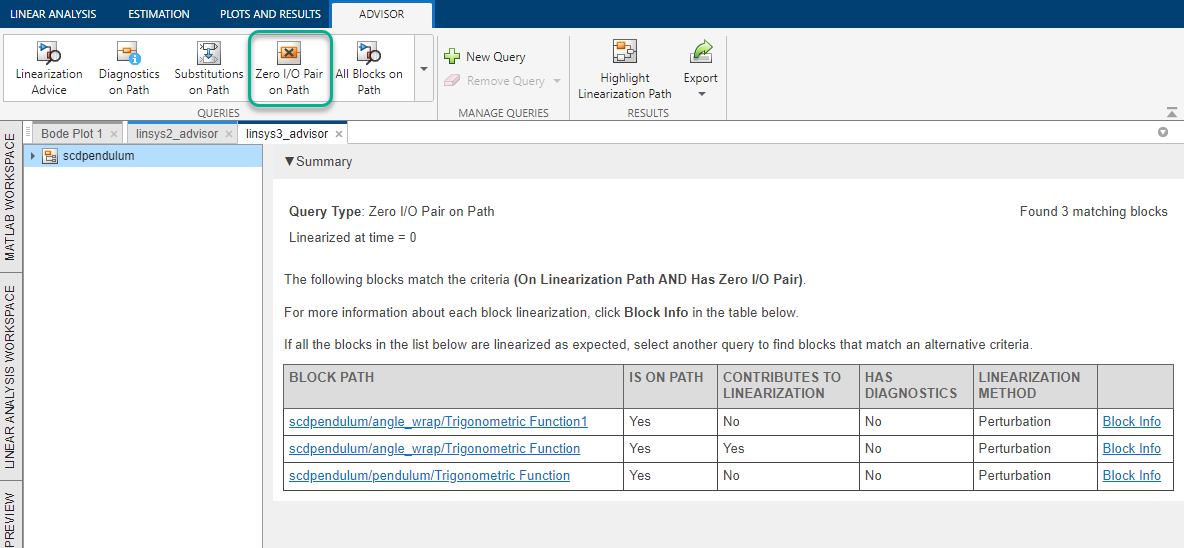 Advisor tab with the Zero I/O Pair on Path query second from the right in the Queries gallery. In the document, the table shows a table with three blocks that match the query.