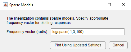 Sparse model dialog box with frequency vector specified using logspace function