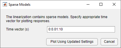 Sparse model dialog box with Time vector text field