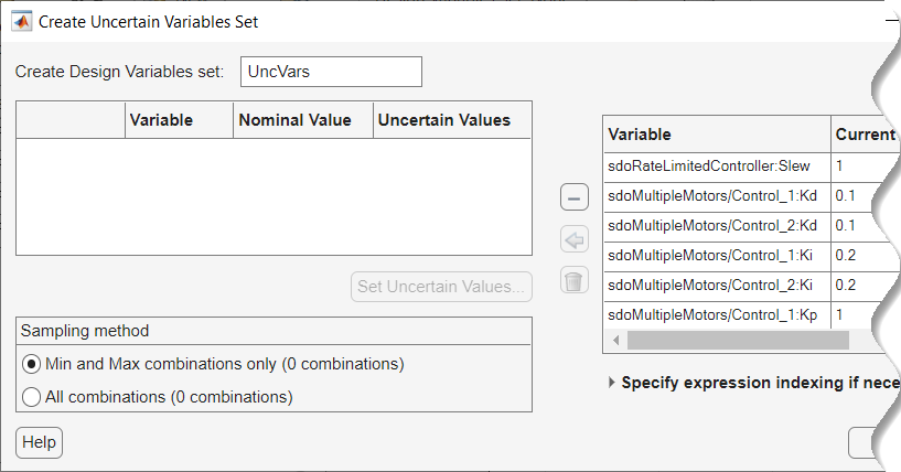 Create Uncertain Variables Set dialog box with all the variables populated in the table on the right