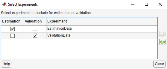 Select Experiments dialog box with the Estimation box against EstimationData and the Validation box against ValidationData checked