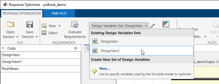 DesignVars1 is selected in the Design Variables Set drop-down list