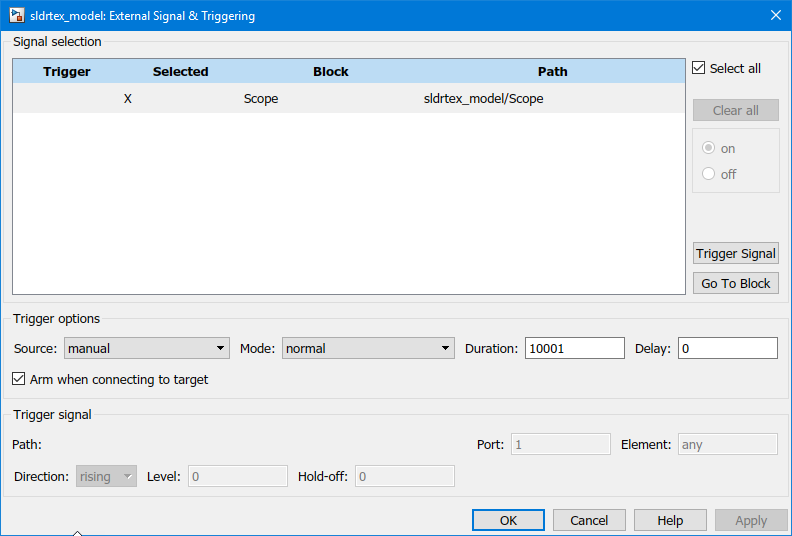 The configuration appears in the external signal and triggering window.