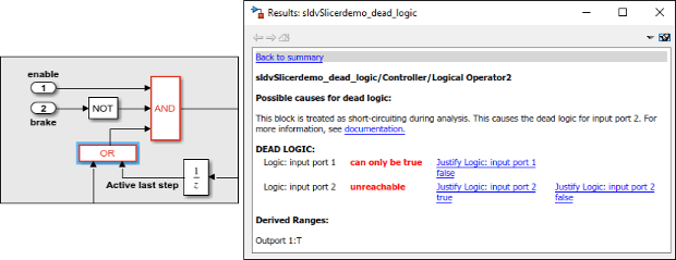 Results for OR block in the Result Inspector showing dead logic.
