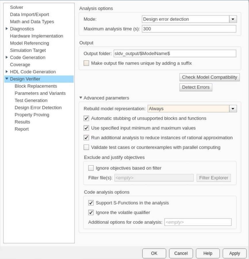 Configuration parameter window showing Design Verifer pane.