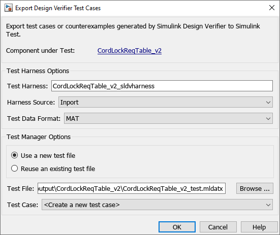 The Export Design Verifier Test Cases window. It shows the component model under test, and several options that you can select.