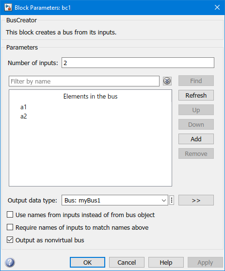 Use the Block Parameters dialog to study block parameters for bus signal myBux1.