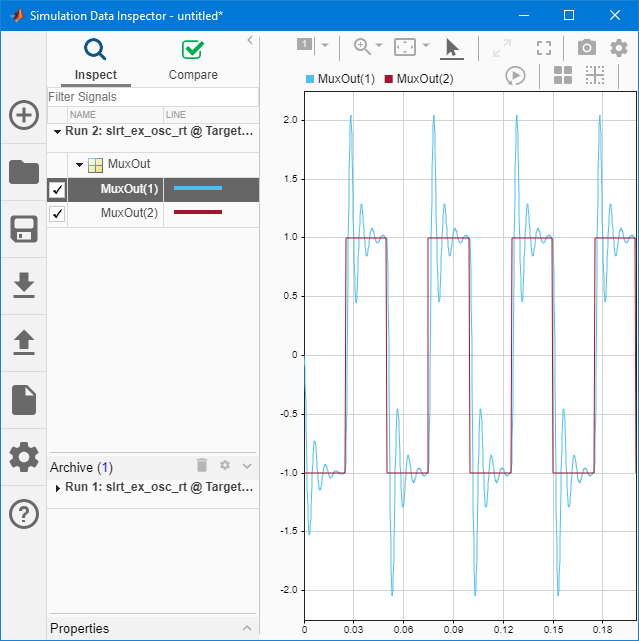 You can select signals for display in the slrt_ex_osc_rt output in the Simulation Data Inspector.