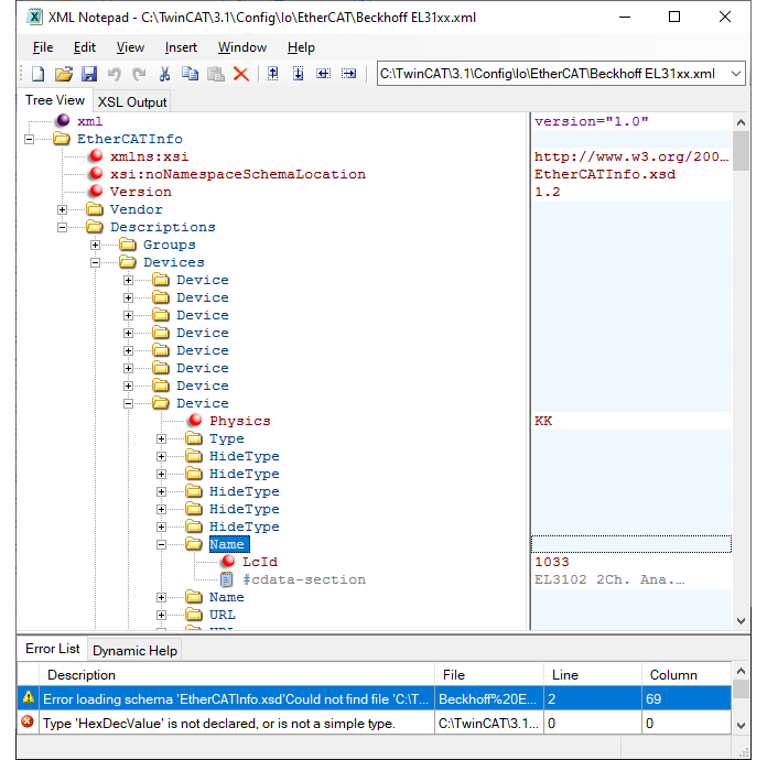 Use XML Notepad to access data for the EL3102.