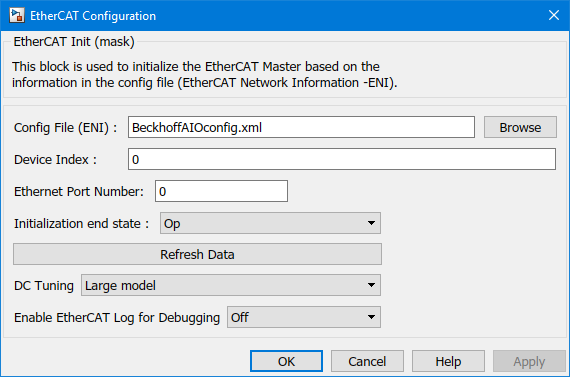 Use the EtherCAT Init block mask dialog box to configure the block.