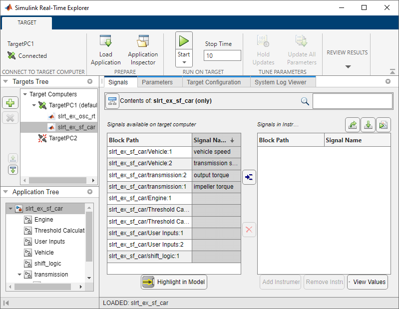 You can view the slrt_ex_sf_car model hierarchy in the Simulink Real-Time Explorer.