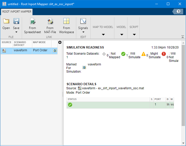 Use the Root Inport Mapper to configure the slrt_ex_osc_inport model and square wave.