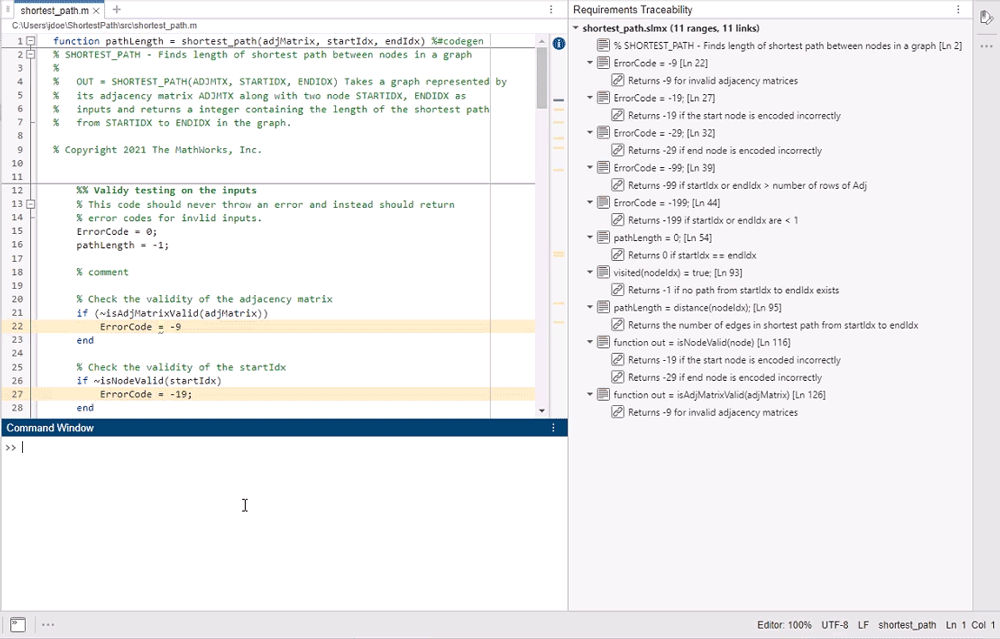 A GIF shows the mouse clicking an item that has the line range icon and the MATLAB Editor highlights the linked lines of code.