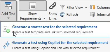 Add Test menu with option to generate a starter test for the selected requirement.