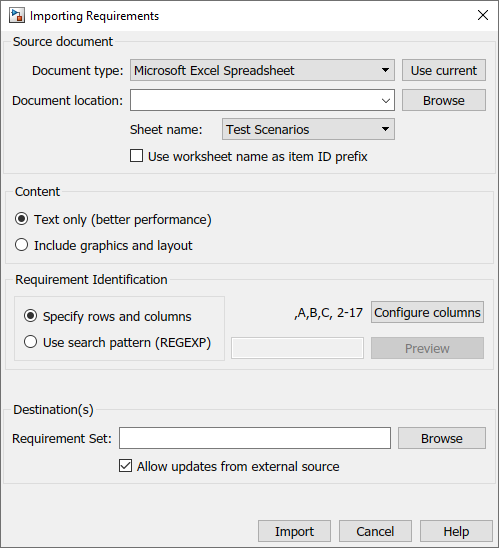 The Importing Requirements dialog has Microsoft Excel Spreadsheet selected. Under content, Text only (better graphics) is selected. Under Requirement Identification, Specify rows and columns is selected.