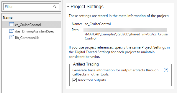 Project settings. Track tool outputs is selected.