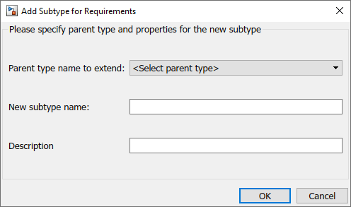 The Add Subtype for Requirements dialog has a drop-down menu for Parent type name to extend, a text field for New subtype name, and a text field for a description of the subtype.