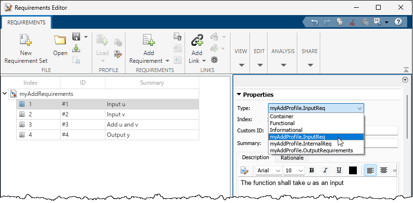 The Requirements Editor shows the stereotypes for a selected requirement in the Type menu.