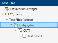 Test Files pane showing fuelsys_stm expanded with CUT1 and Test Case 1