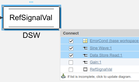 Data store memory block and connect dialog box with signals to select