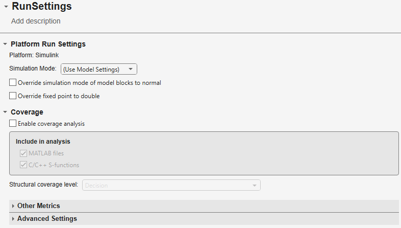 Run settings tab