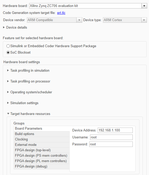 Hardware Implementation pane for Xilinx SoC devices.