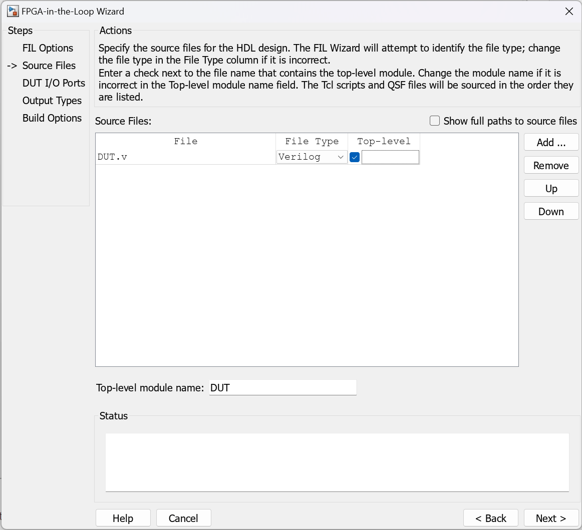 FIL wizard open on the Source Files screen, with DUT.v set as a file, and the top-level box selected.