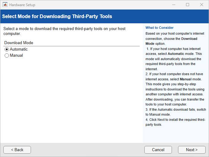Choose Download Mode for Third-Party Tools Window that has Automatic or Manual options