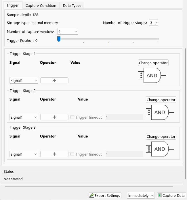 FPGA Data Capture screen with 3 trigger stages