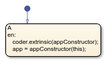 Stateflow chart that uses the keyword this in a state. This chart uses MATLAB as the action language.