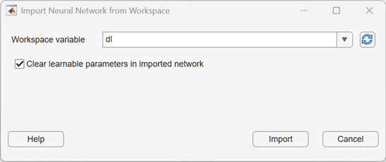 Import neural network from workspace dialog box